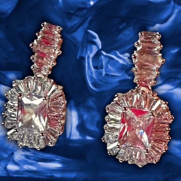 NEW White Gold-Plated Stacked Diamond Simulant Emerald Baguette Drop Earrings - Picture 8 of 14